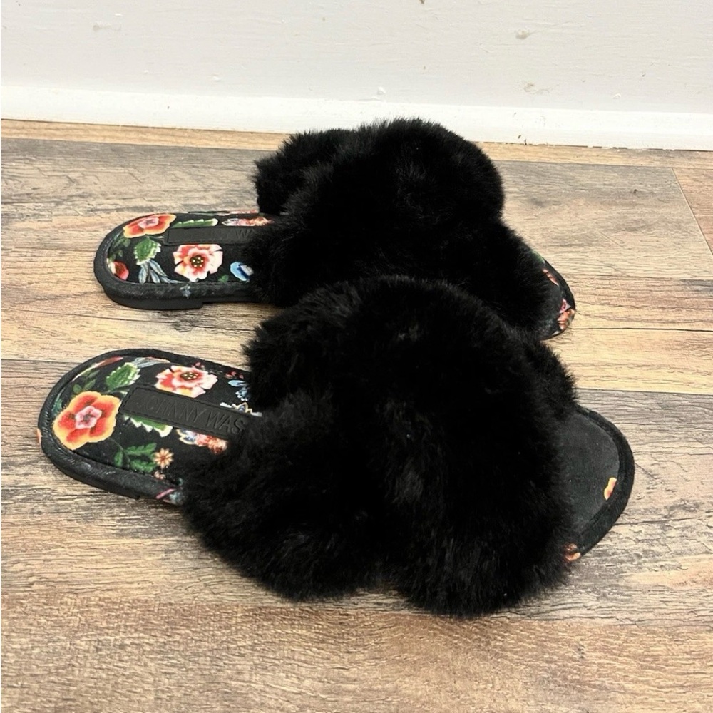 Johnny Was Ardell Faux Fur Cross Strap Slippers Size 7 M Comfy Slip On Sandals